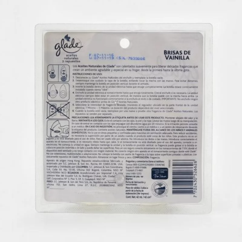 Ambientador Glade Aceites Naturales Vainilla Repuesto X 2