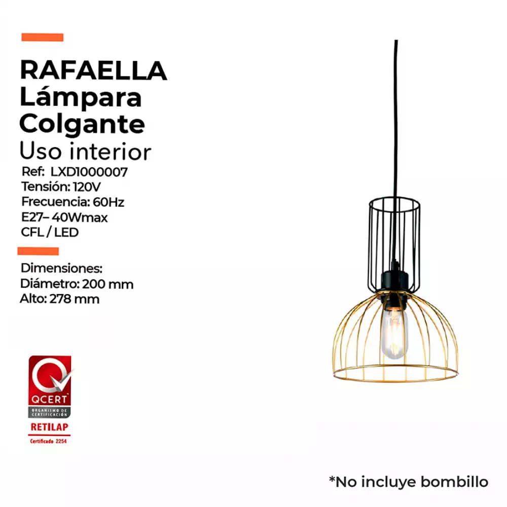 Lámpara Colgante Rafaela Metalica Dorada Y Negra