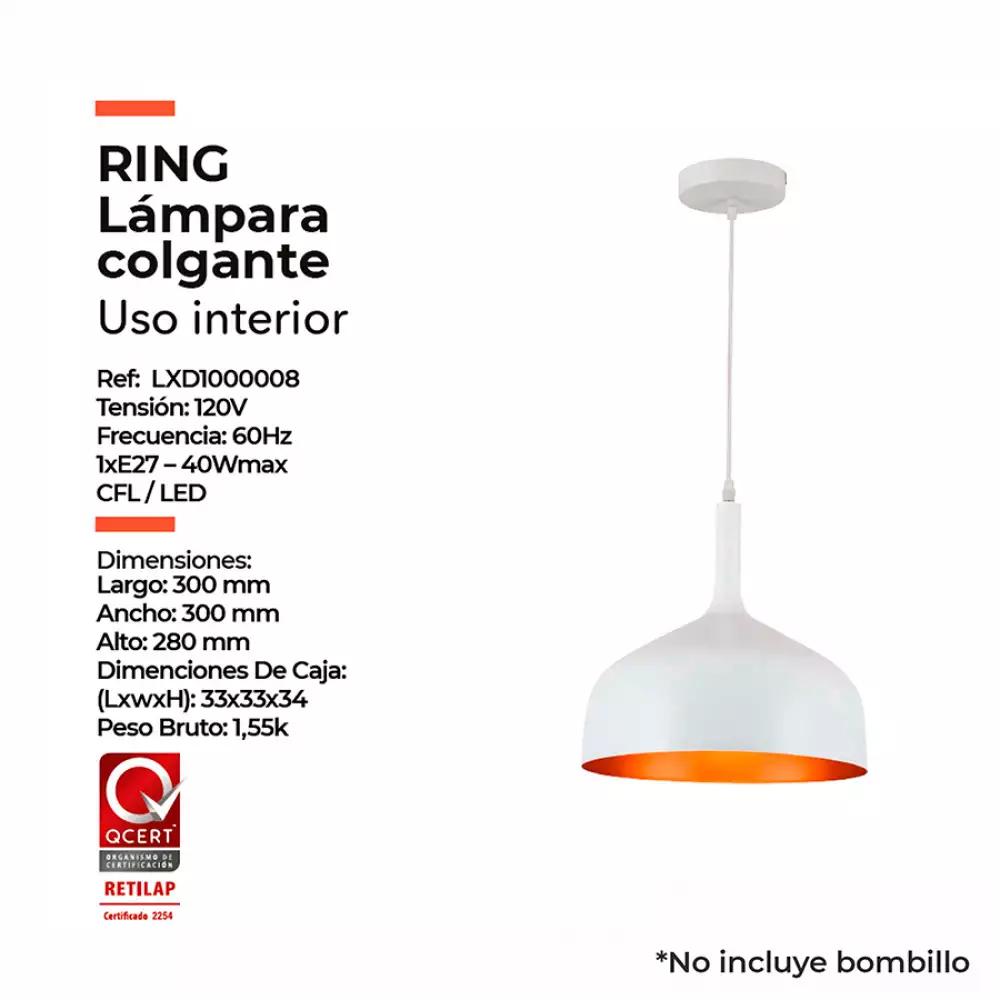 Lámpara Colgante Ring Metalica Blanca Interior Dorado
