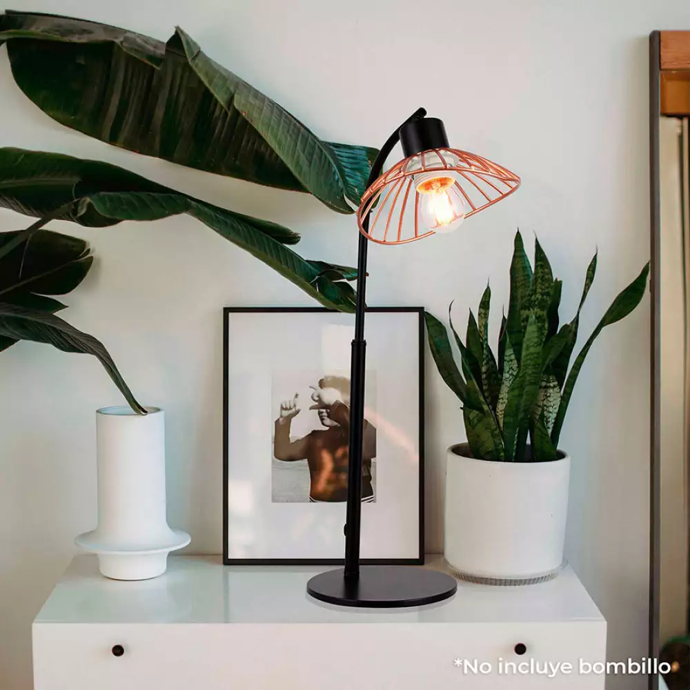 Lámpara Mesa Angel Rose Metalica Negra Y Oro Rosado