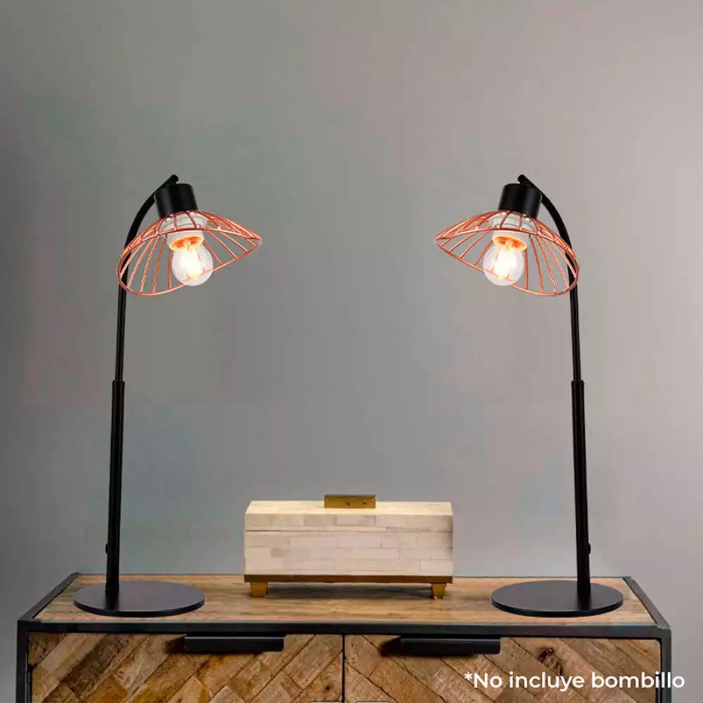 Lámpara Mesa Angel Rose Metalica Negra Y Oro Rosado