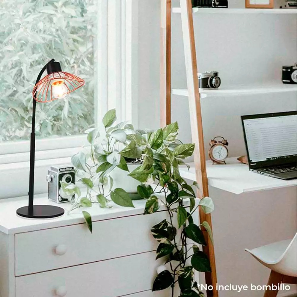 Lámpara Mesa Angel Rose Metalica Negra Y Oro Rosado