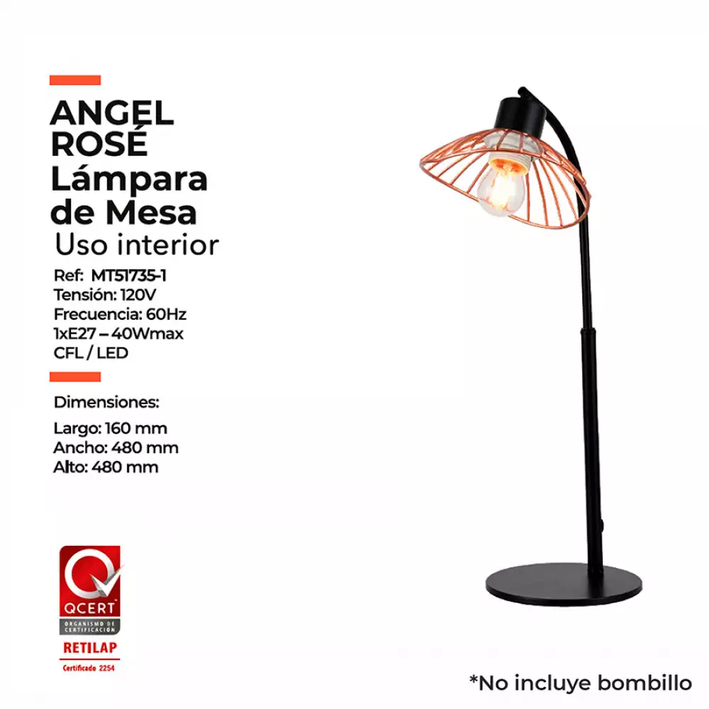 Lámpara Mesa Angel Rose Metalica Negra Y Oro Rosado