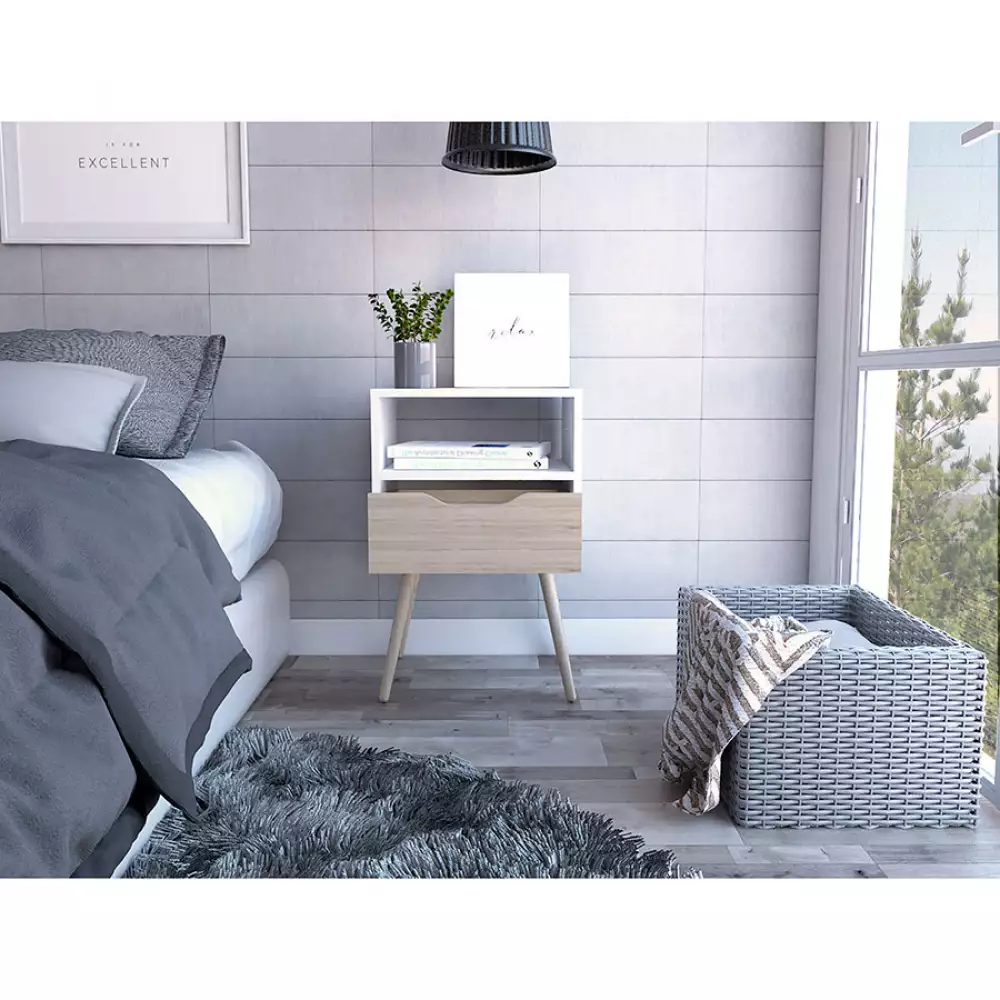 Mesa de Noche Otom 40cm con Un Cajón Rovere/Blanco