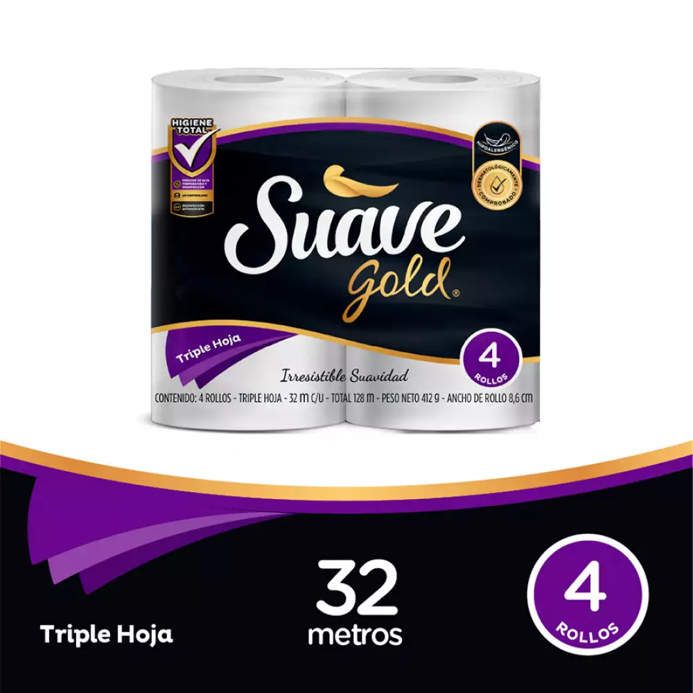 Papel Higiénico Suave Gold 3 Hojas 4 Rollos 32 Mt