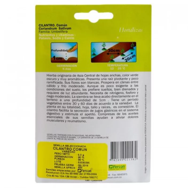 Semilla Fercon 2210058 Hortaliza Cilantro Importad
