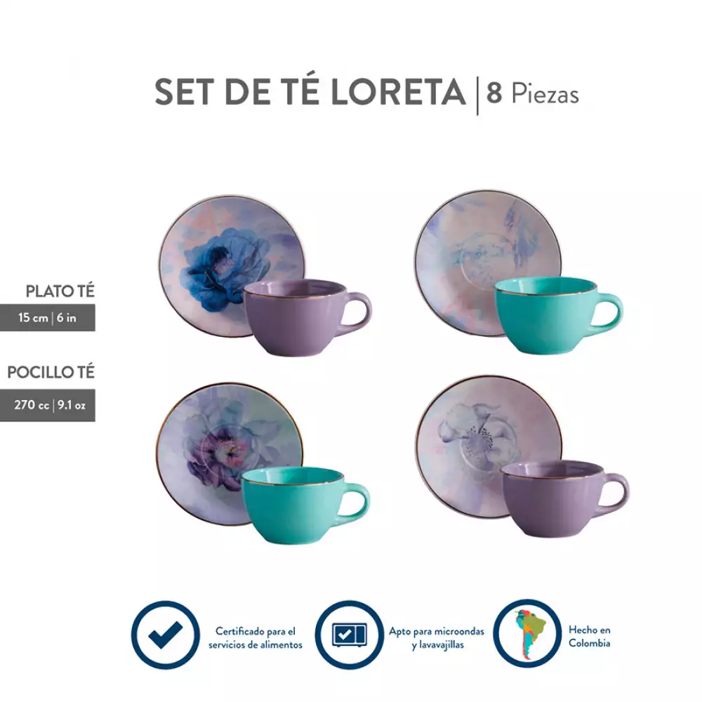 Set De Té Loreta Corona 8Pz En Cerámica Sl172H0301