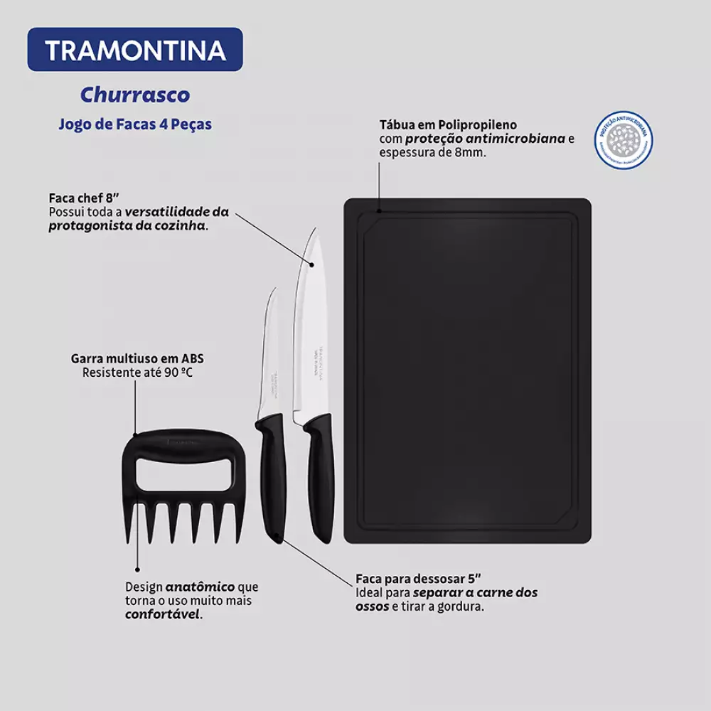 Tabla Y Cuchillos Tramontina Negro Plata 4 Pz Acero 23498076